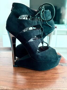 Liliana Black Lace-Up Platform Heels with Metallic Stiletto